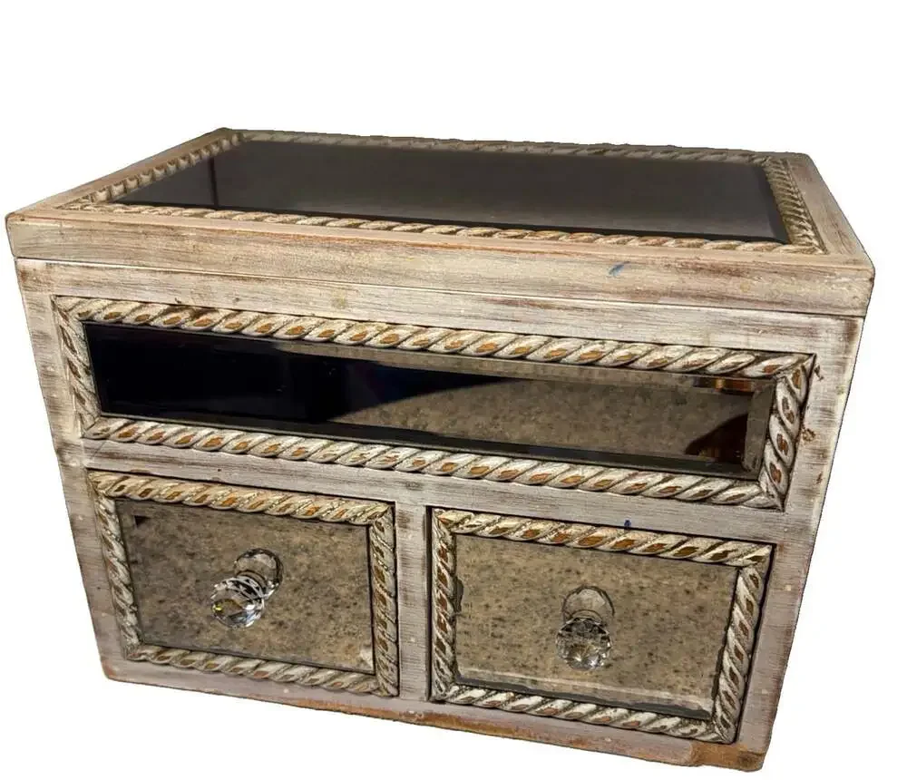 VNTG Mirrored Glass Jewelry Box Black Velvet Lined Hotel Collection Shabby Chic